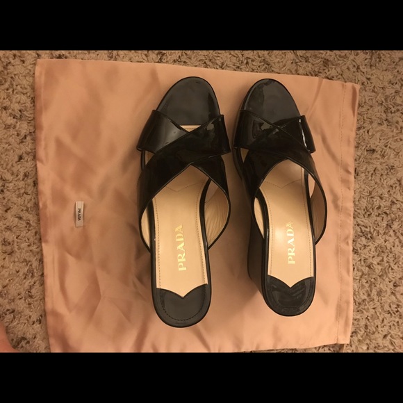 Black Prada Cross-Strap Wedges - Picture 1 of 5